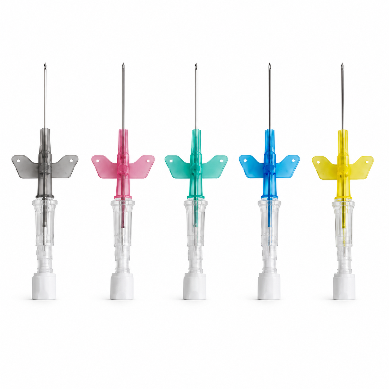 Catéter intravenoso periférico con aletas y sistema de seguridad pasiva