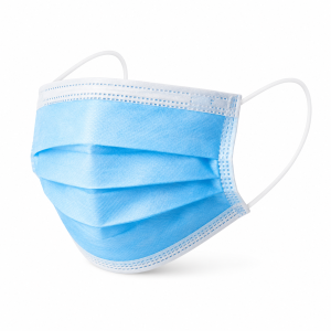 Mascarilla quirúrgica celeste de tres capas con elásticos auriculares