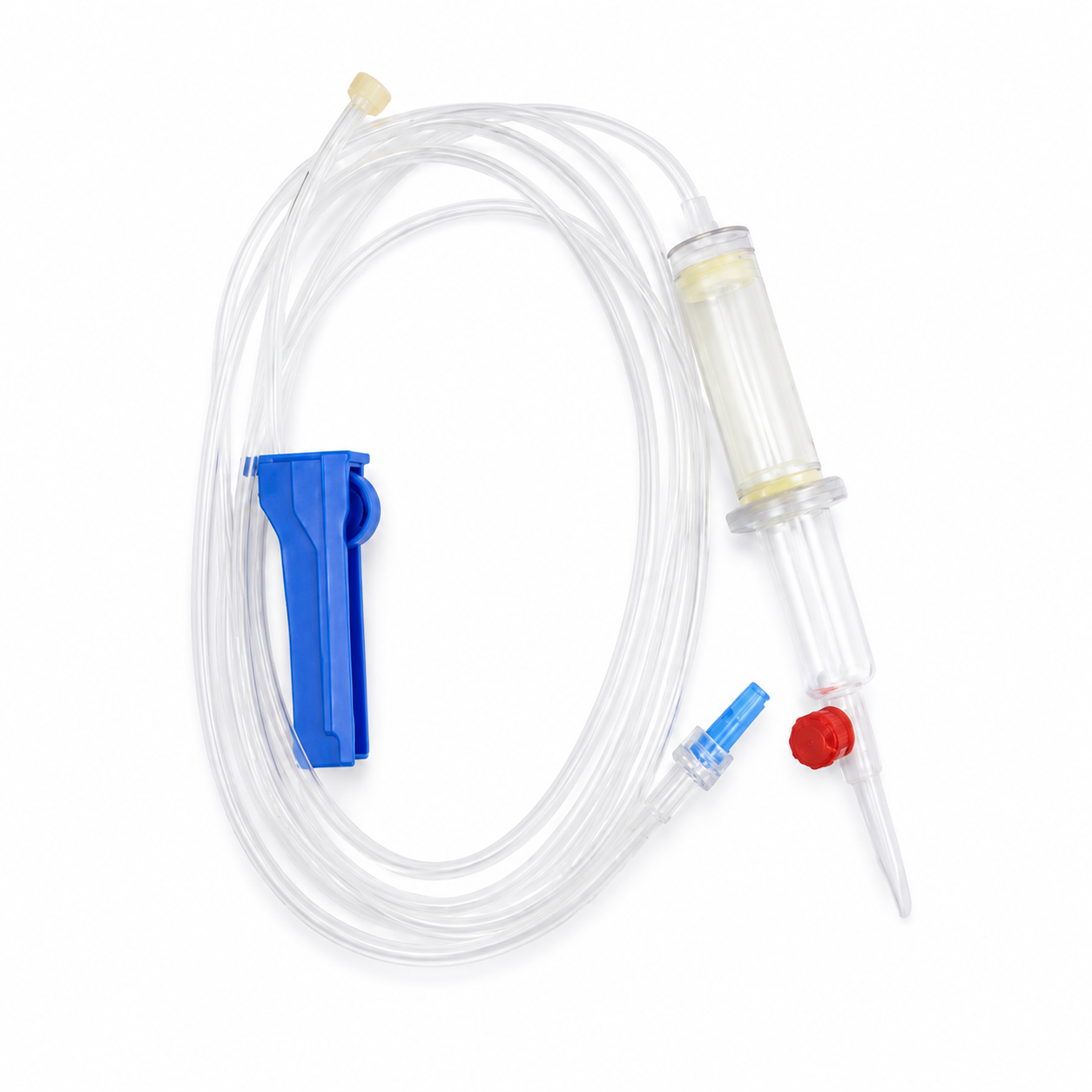 Equipo de transfusión de sangre estéril con filtros, regulador de flujo y conector Luer Lock fijo