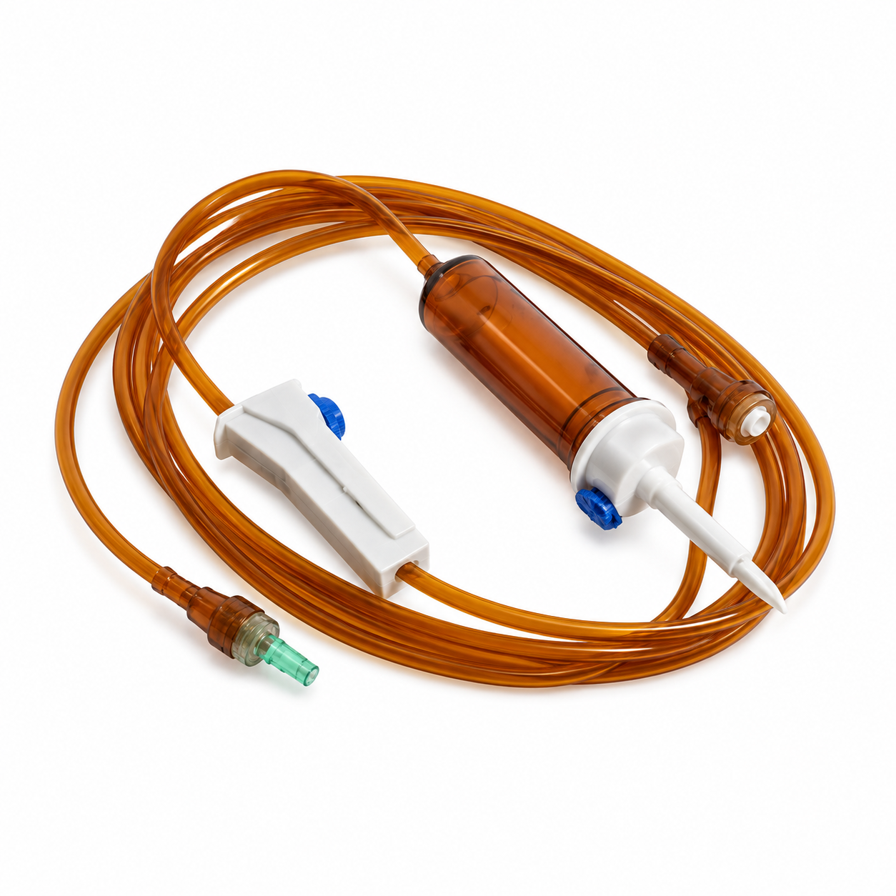 Equipo de venoclisis fotosensible color ámbar con regulador de flujo y conector Luer Lock